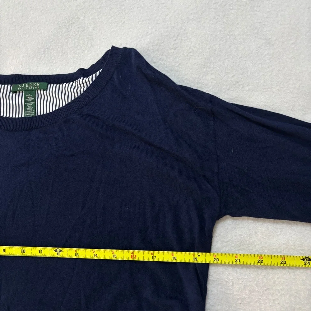 Lauren Ralph Lauren Navy Blue Striped Layered Mixed Media Sweater Top Large - Picture 7 of 7